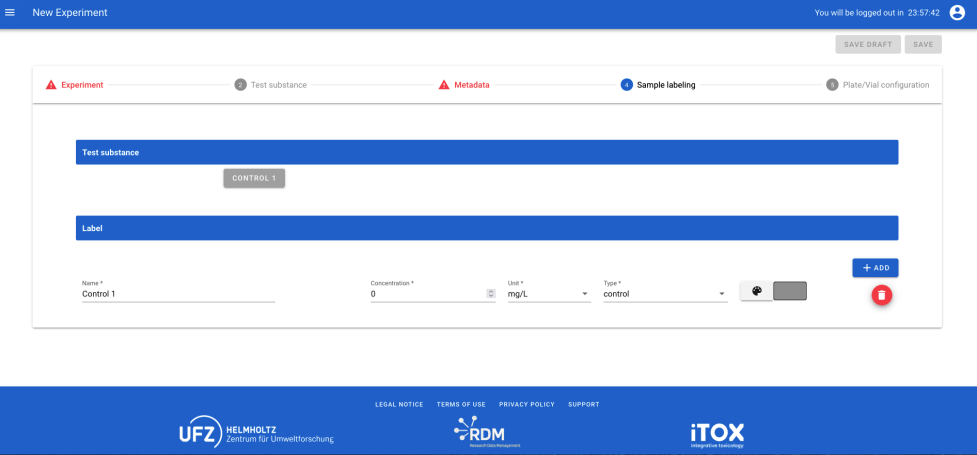 INTOB application screenshot showcasing sample labeling regarding test substances e.g. concentration, unit and type