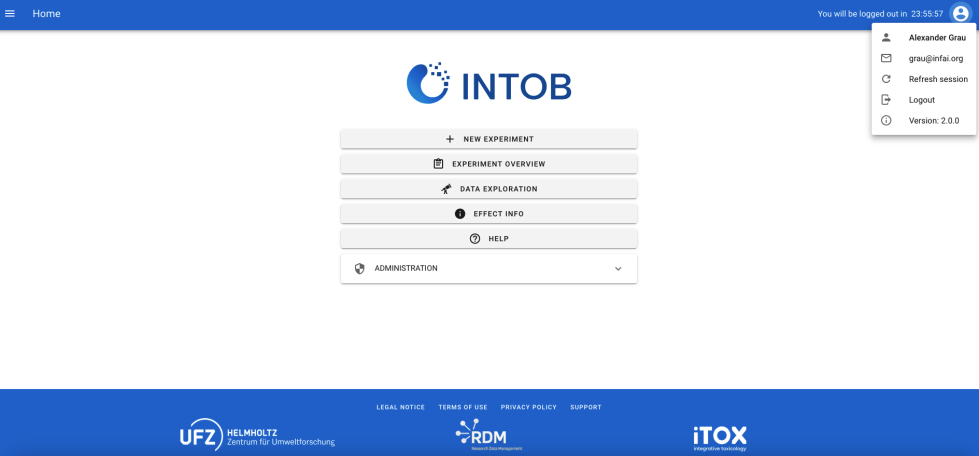 INTOB application screenshot showcasing the home screen with buttons for adding a new experiment, experiment overview, data exploration etc.