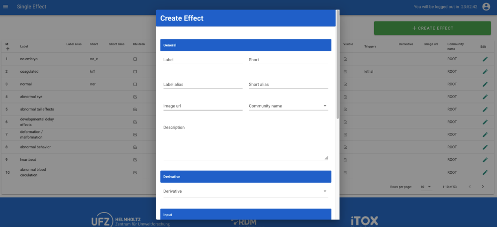 INTOB application screenshot showcasing a dialog opening up to create a new effect with label, description, derivative etc.