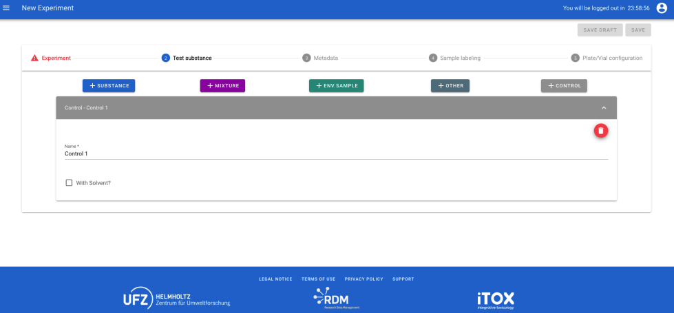 INTOB application screenshot showcasing creating and adding test substances used in the experiment