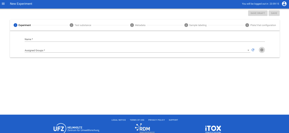 INTOB application screenshot showcasing creating a new experiment with input fields for the name and groups