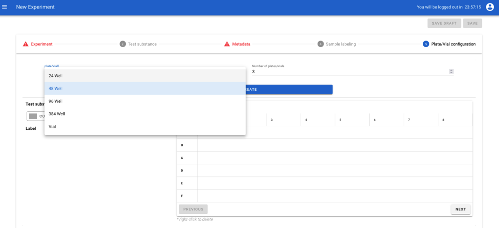 INTOB application screenshot showcasing the plate/vial visualisation of the experiment including the possibility to choos the well count