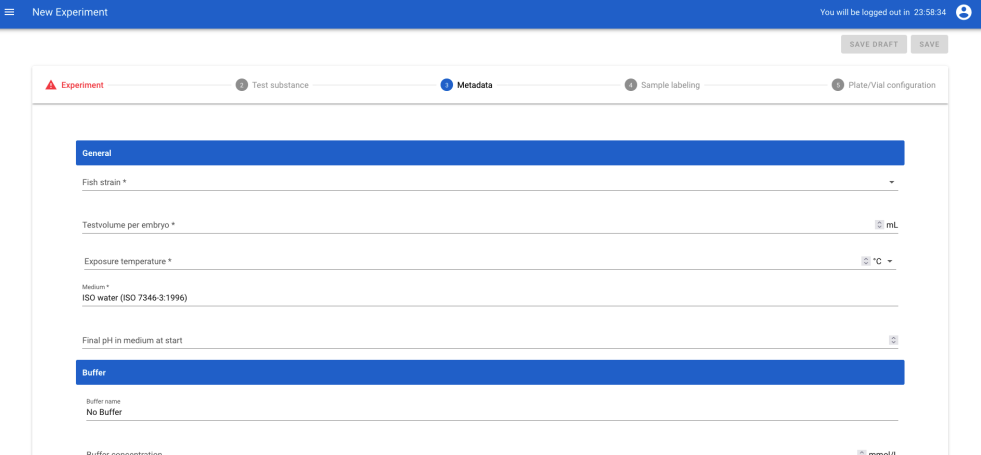 INTOB application screenshot showcasing meta data input fields when creating a new experiment (e.g. fish strain, exposure temperatur etc.)
